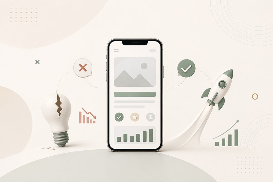 A cracked light bulb next to a phone screen and a rocket taking off, illustrating an idea that failed and the growth path that follows an MVP done right