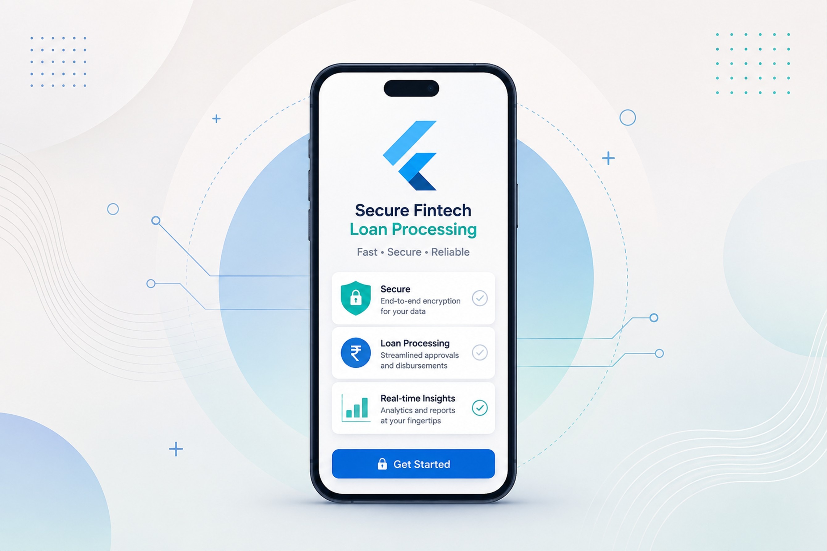 A Flutter built secure fintech loan processing app screen showing encryption, loan processing and real time insight cards