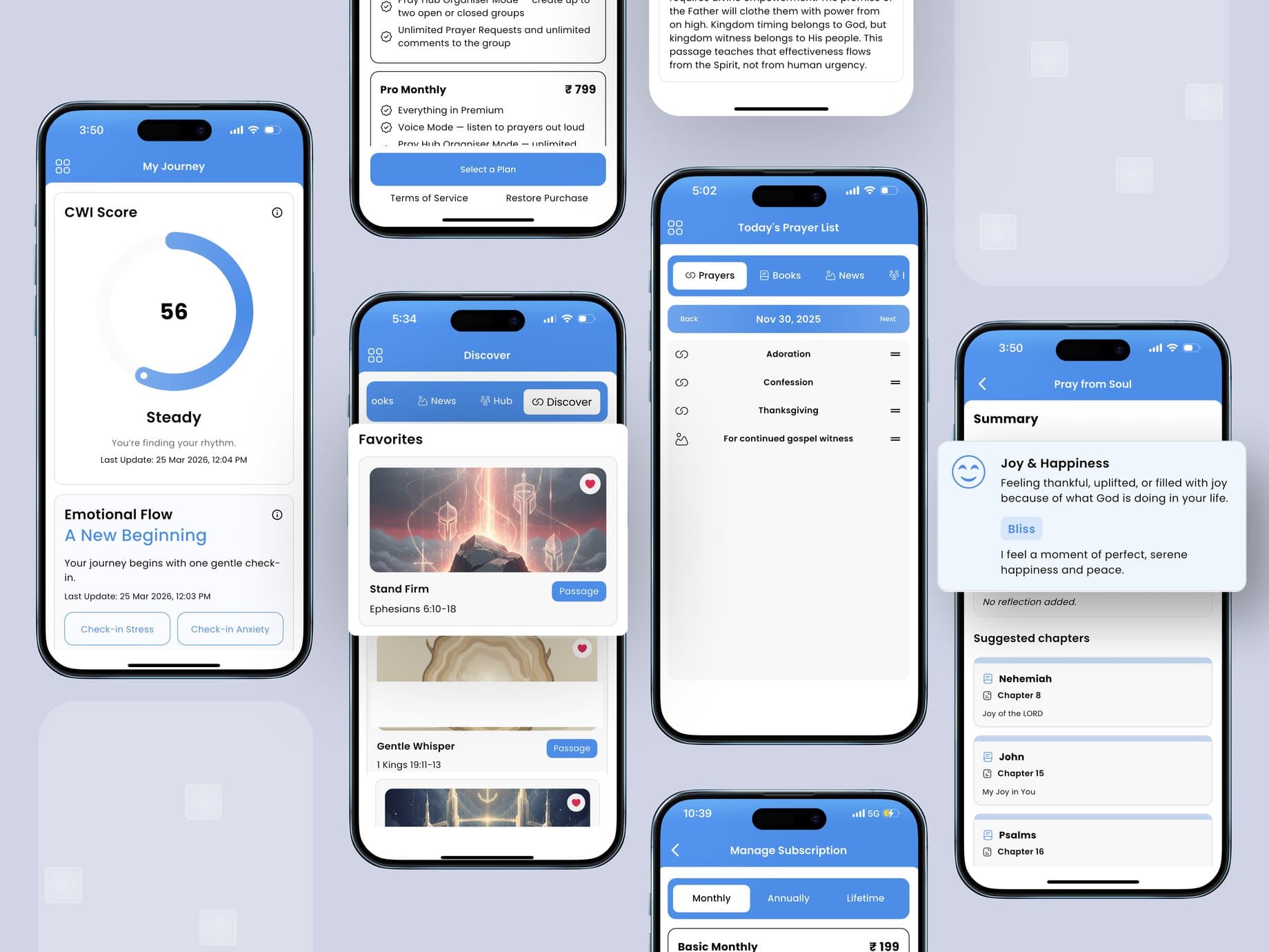 AI-Powered Prayer & Bible App for iOS, Android & Web screens showing the My Journey wellbeing tracker, Discover library and Pray from Soul flow