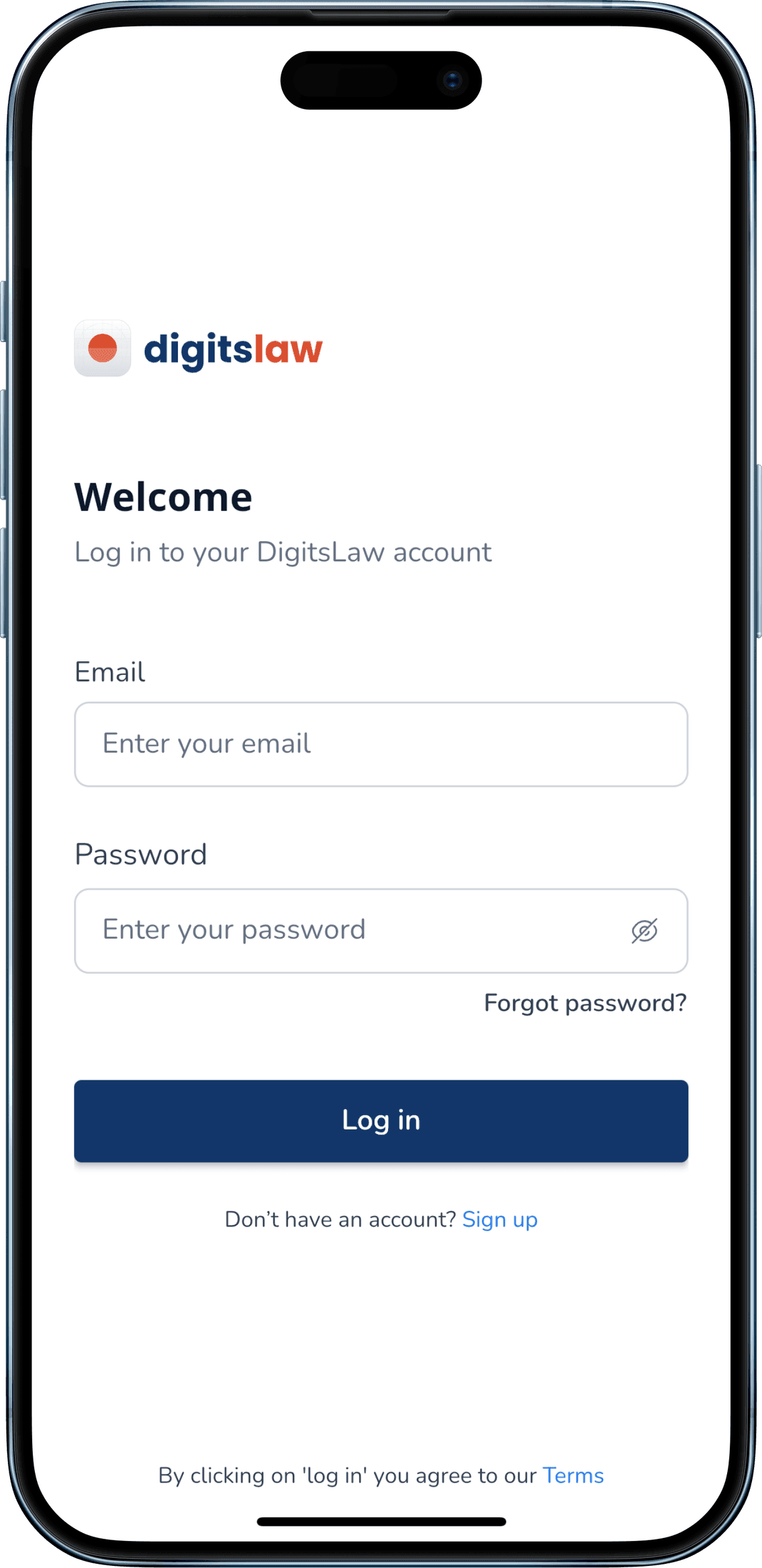 DigitsLaw app sign in screen with email and password fields