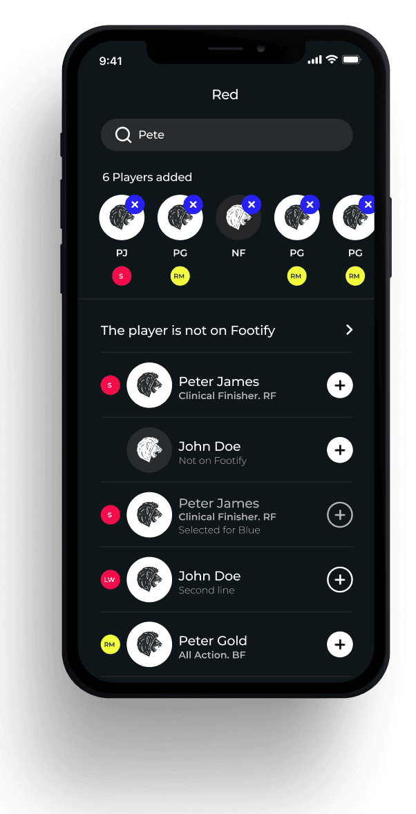 Footify squad picker for the Red team showing added players and a search to add more