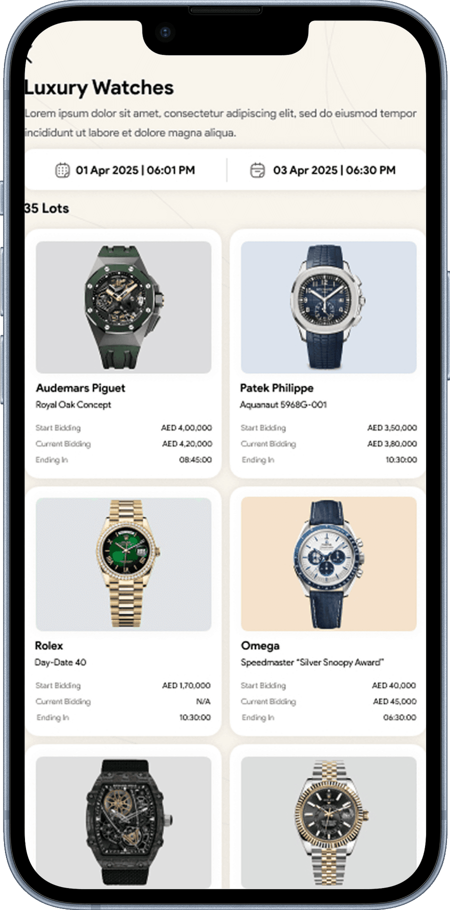 Gavel app Luxury Watches auction showing 35 lots with start bid, current bid and time remaining