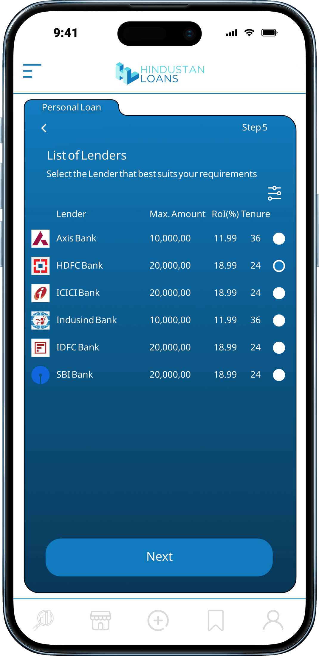 Hindustan Loans app list of lenders showing max amount, rate of interest and tenure for each
