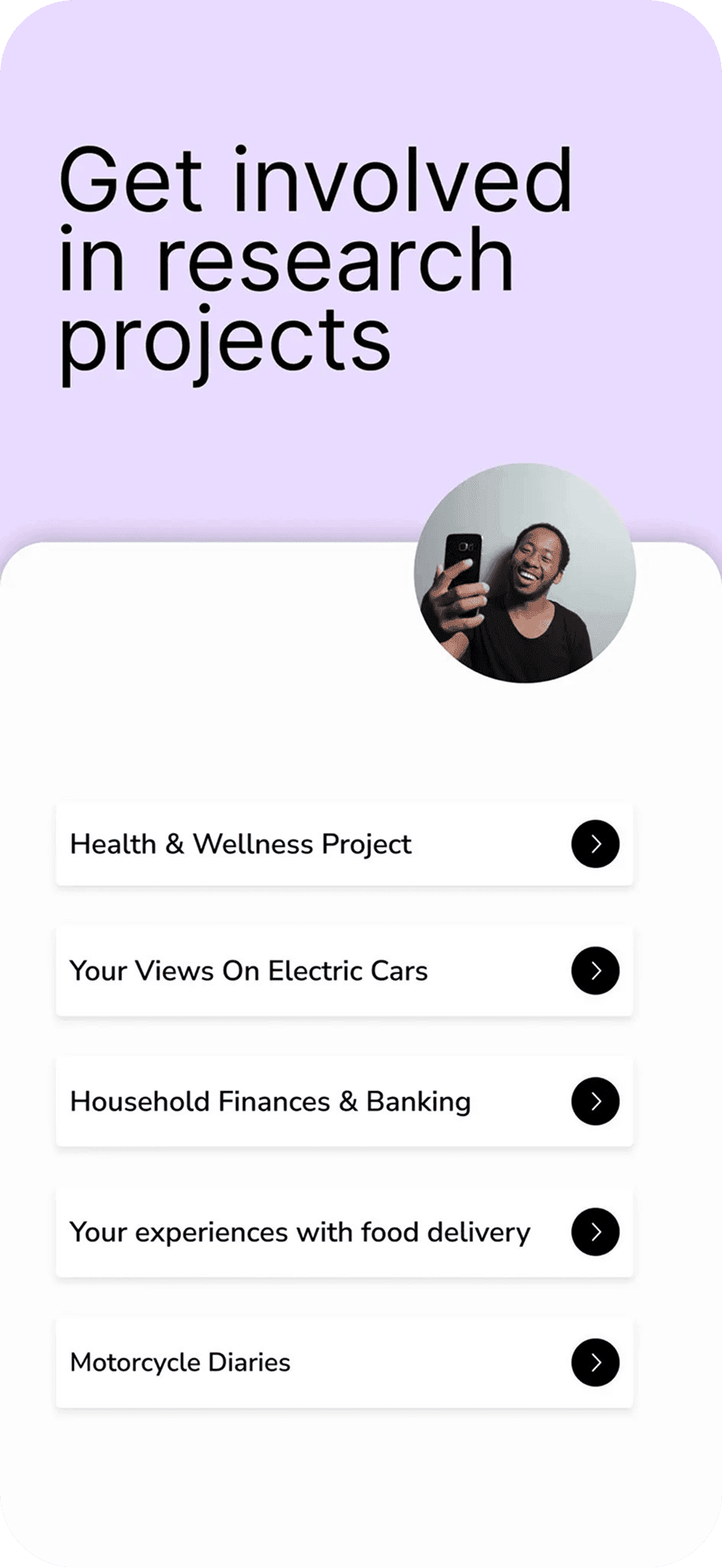 Kix app project list showing available research studies a participant can join