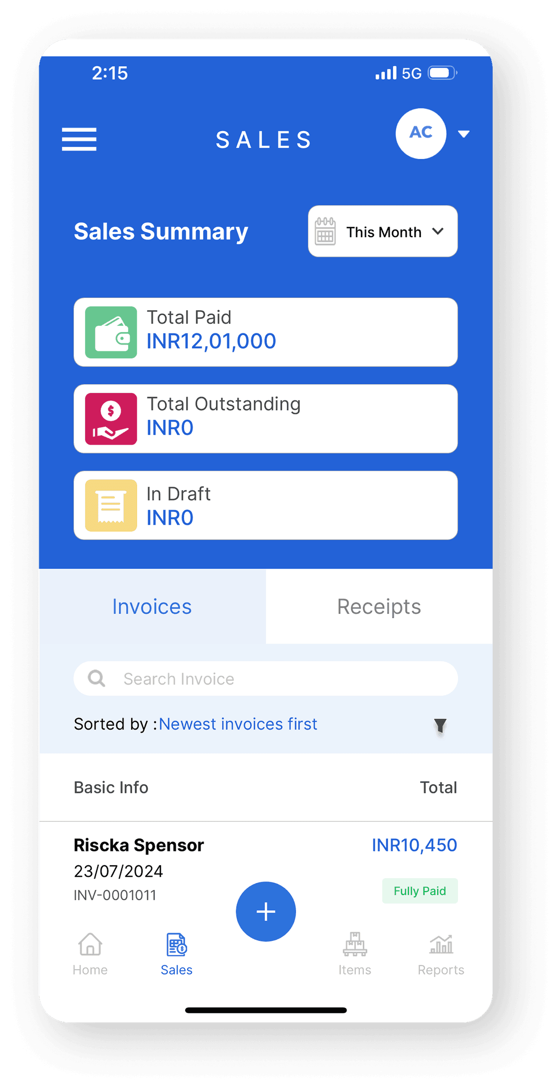 Vencru sales summary screen showing total paid, total outstanding, in draft and an invoice list