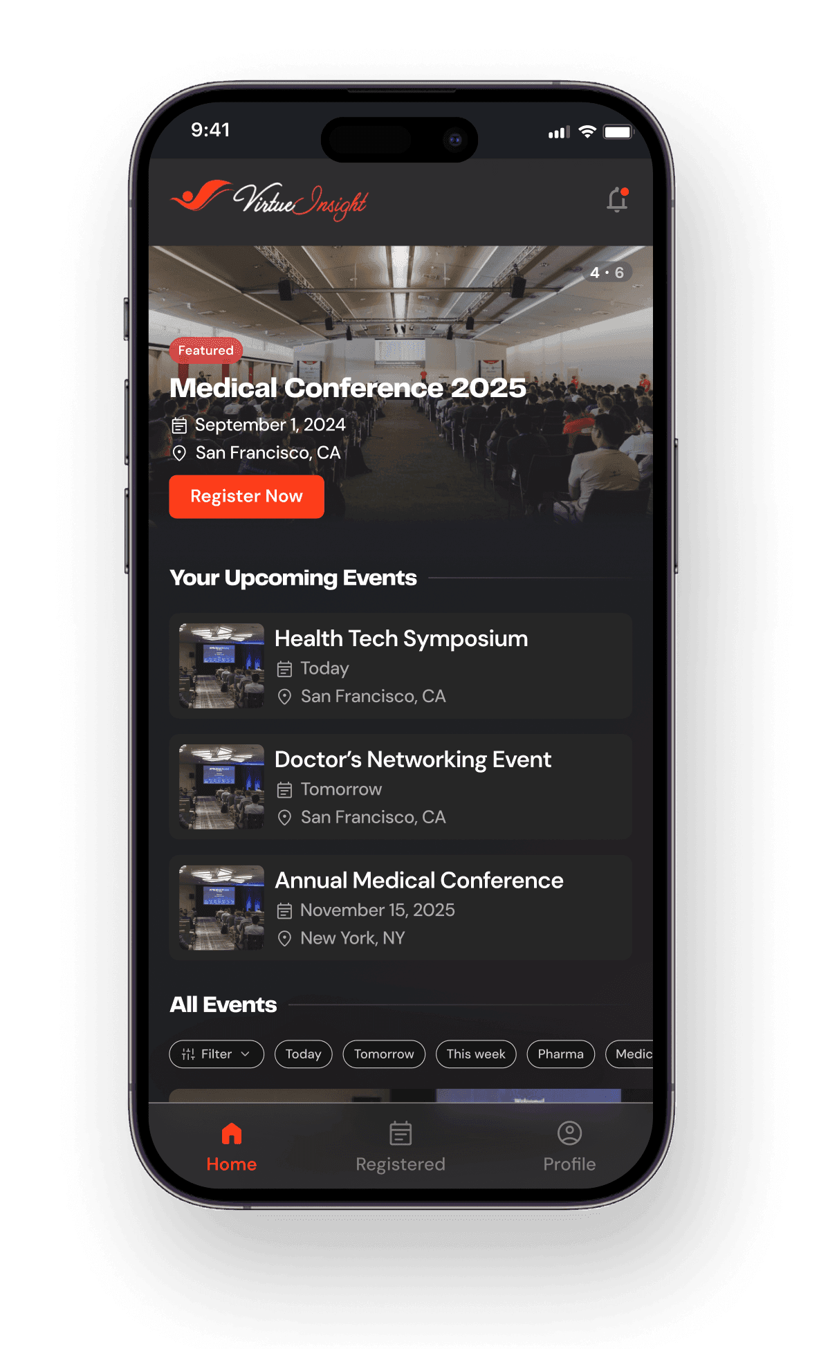 Virtue Insight Connect home screen showing the featured Medical Conference 2025 event and a list of upcoming events
