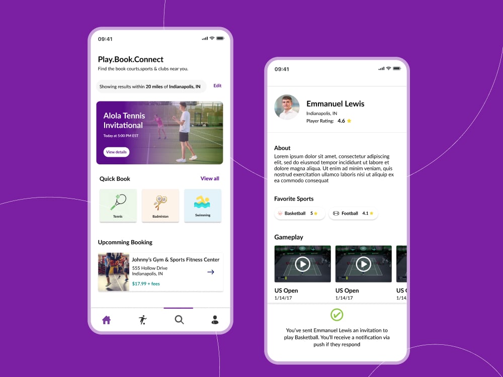 ActivePass app screens showing nearby clubs, court booking slots and event listings