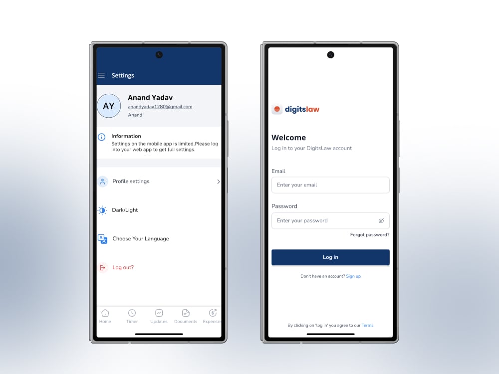 DigitsLaw app screens showing matters, billable time tracking and invoicing