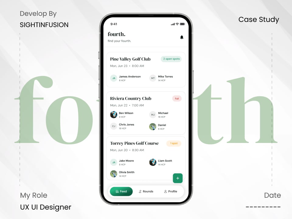fourth. app mockups showing live tee times and a hole by hole round tracker