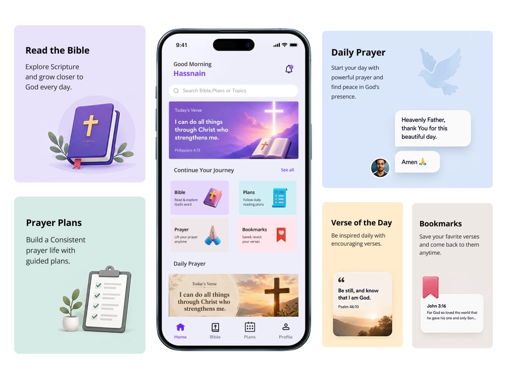 Pray the Bible app screens showing the My Journey tracker, Discover library and Pray from the Soul flow
