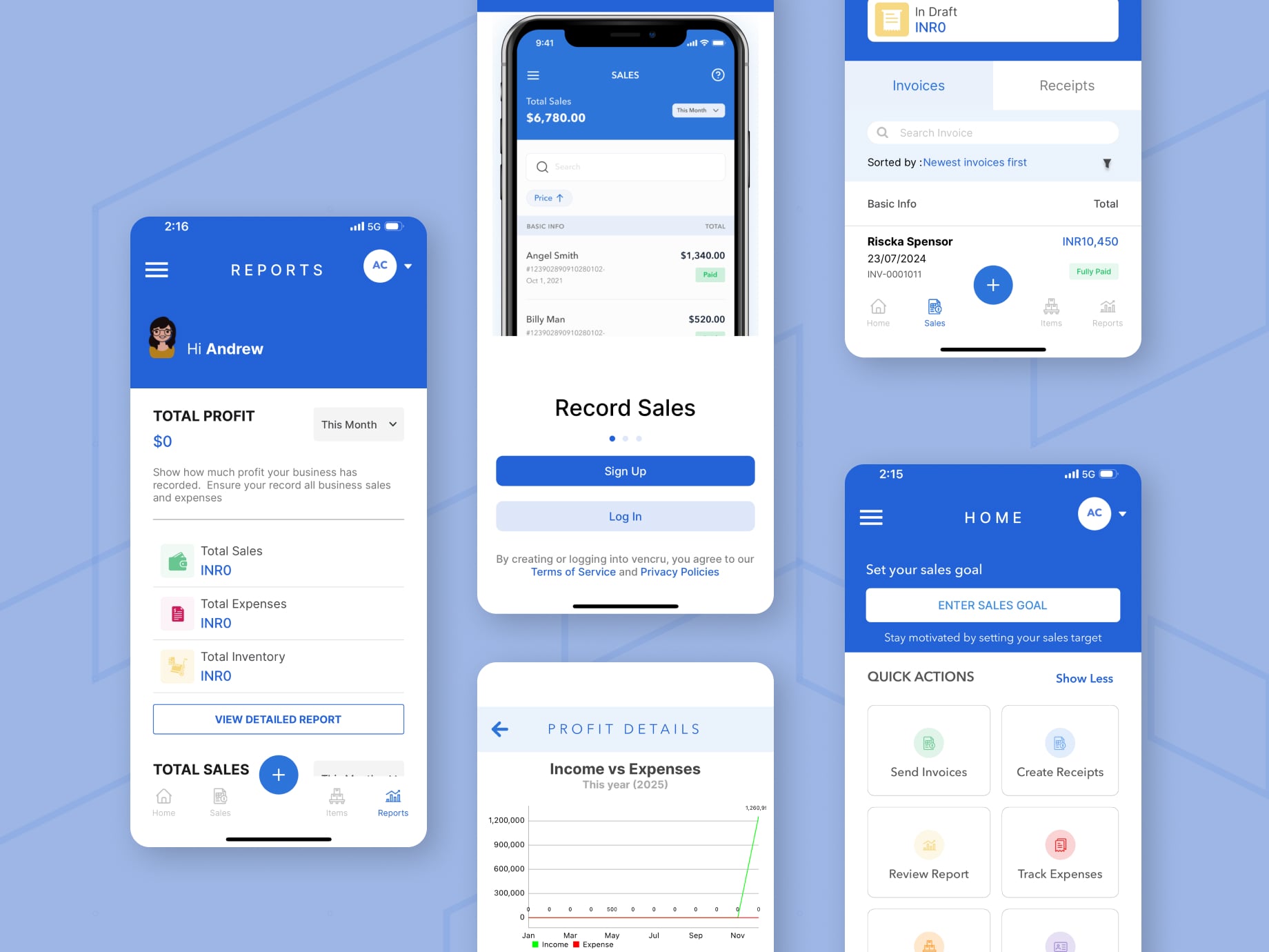 Vencru app screens showing the business dashboard, invoice creation and sales reports