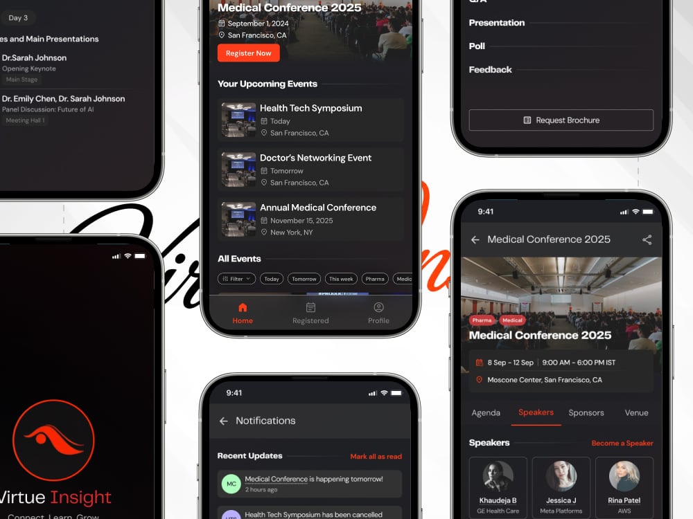 Virtue Insight Connect app screens showing the event list, session agenda, attendee directory and delegate chat